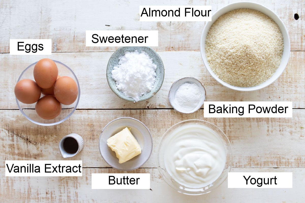 Ingredients to make a sugar free almond flour cake, measured and labelled.