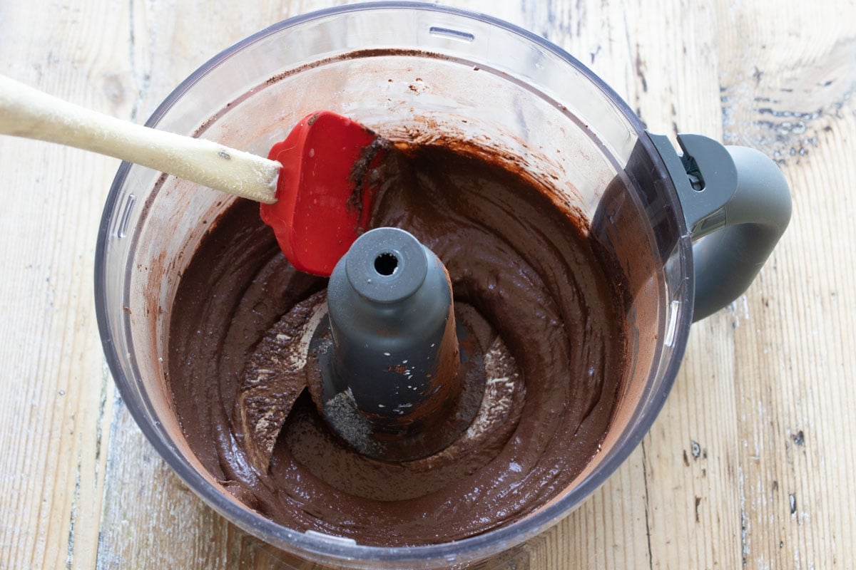 Cottage cheese brownie batter in the food processor bowl.