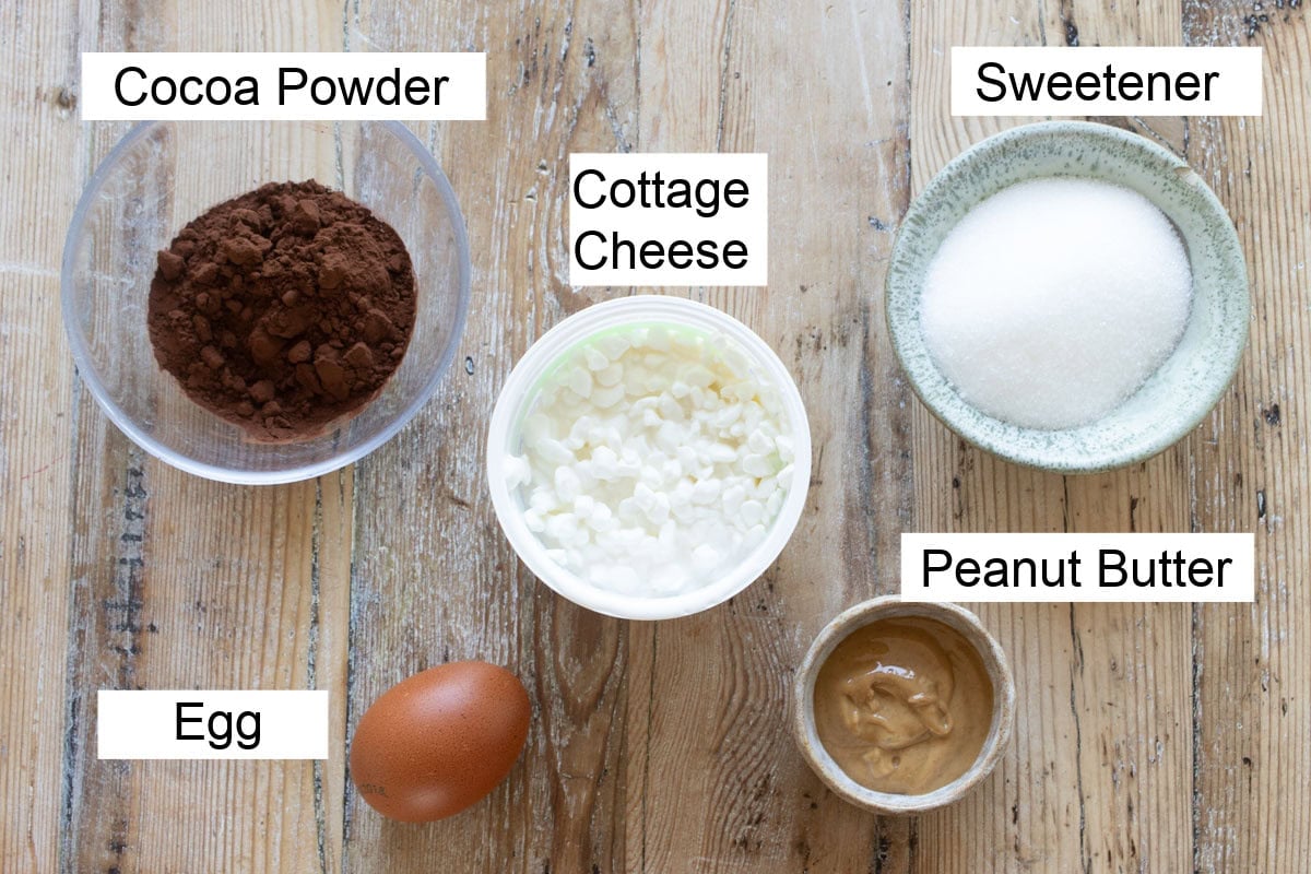 Cottage cheese and other ingredients to make this recipe, measured into bowls and labelled.