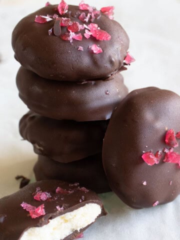 Keto peppermint patties stacked.