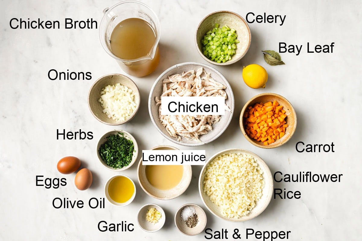 Ingredients to make lemon chicken soup, measured into bowls and labelled.