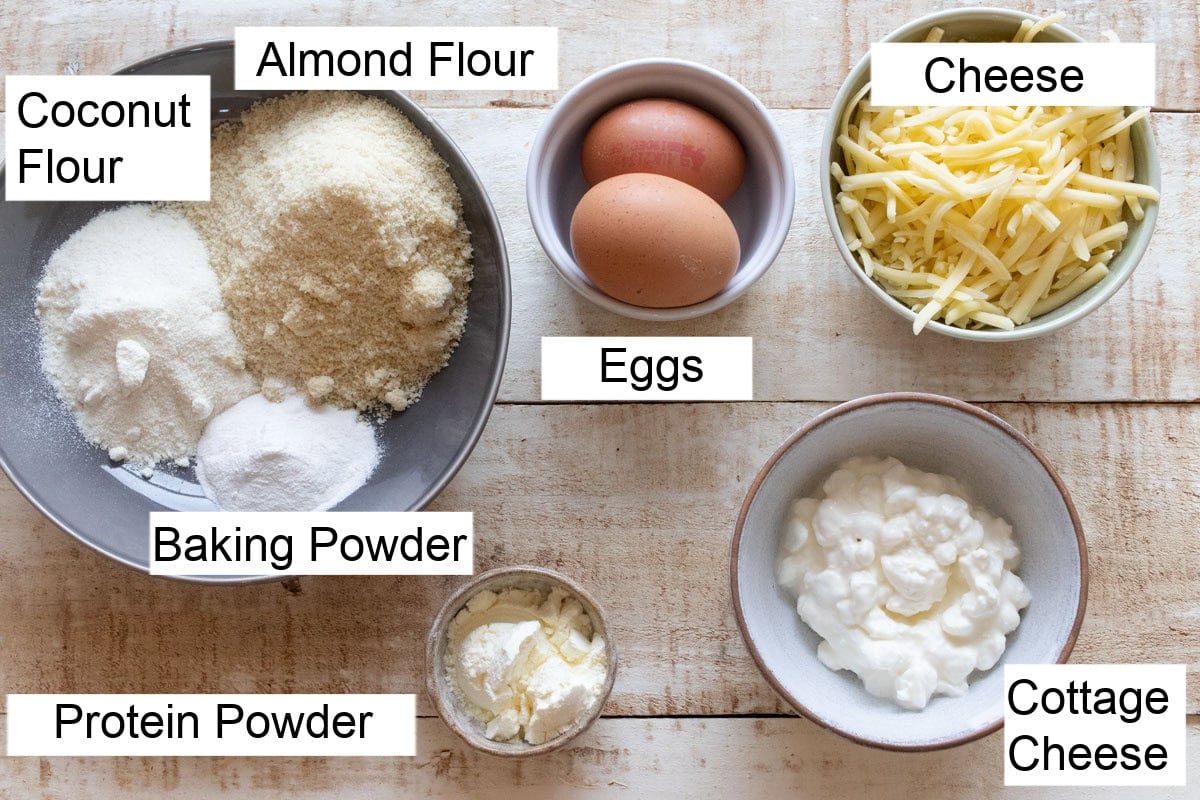 Ingredients to make protein biscuits, measured and labelled.