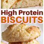A stack of protein biscuits and a sliced cottage cheese biscuit showing the crumb texture.