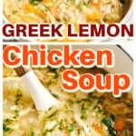 A pot with Greek lemon chicken soup and a bowl with lemon chicken soup.