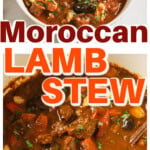 A pot with thick and glossy Moroccan Lab Stew with black olives and almonds as well as a bowl with the stew.