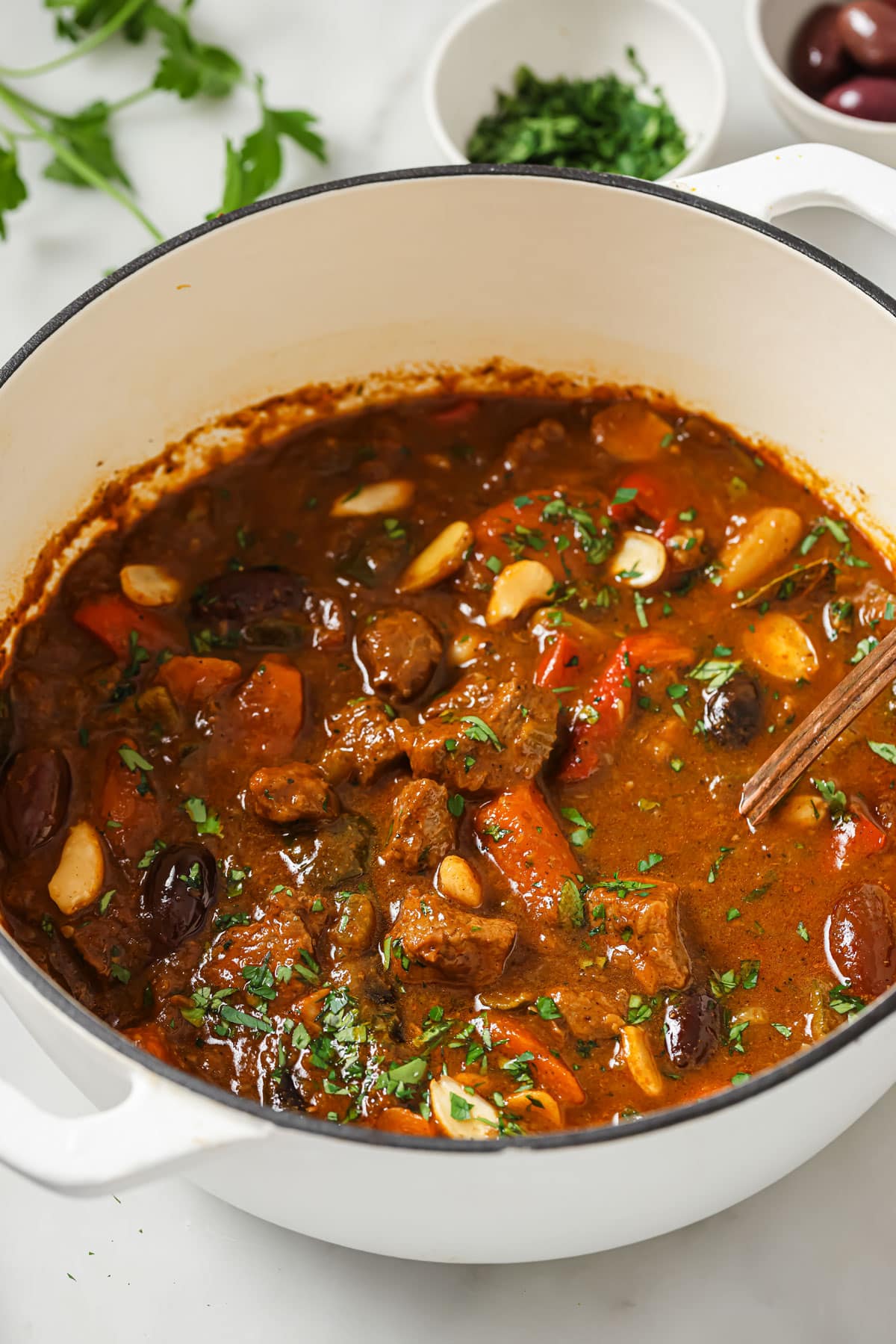 Moroccan lamb stew in a pot.