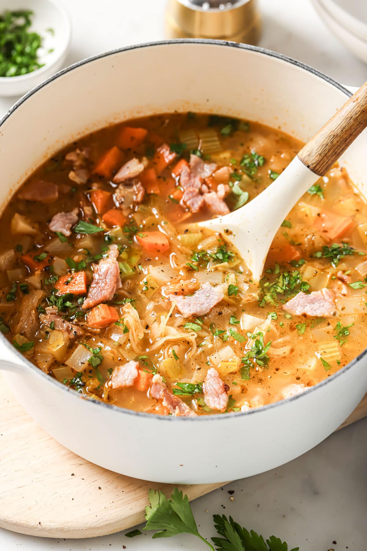 A pot with sauerkraut soup.