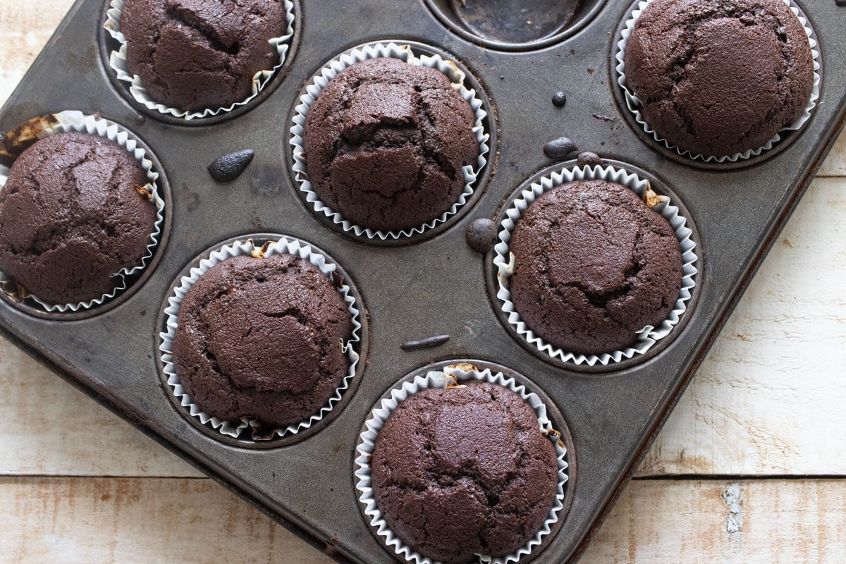 Baked chocolate cupcakes in the pan.