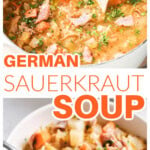 A pot with sauerkraut soup and a bowl with soup.