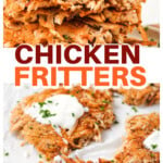 A stack of chicken fritters and fritters topped with yogurt and chives.