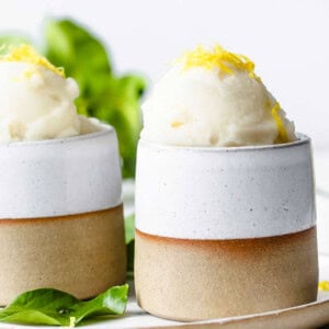Sugar free lemon sorbet in ceramic bowl, topped with lemon zest.