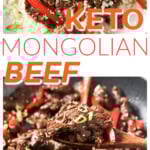 A pan with mongolian beef and a portion of beef strips with red peppers on cauliflower rice.