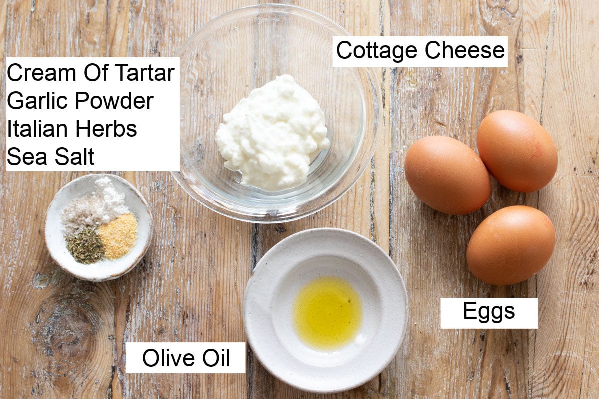 Ingredients to make cloud bread, measured into bowls and labelled.