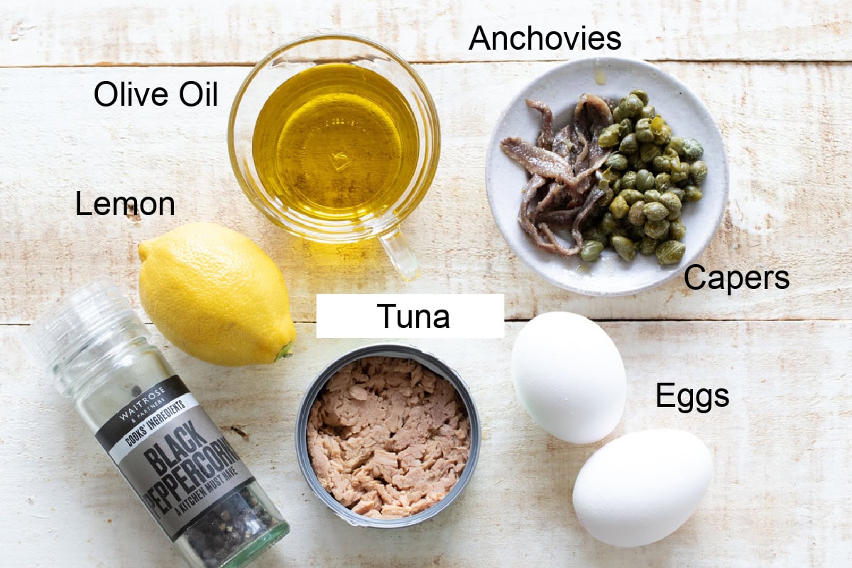 Ingredients to make tonnato sauce, measured and labelled.