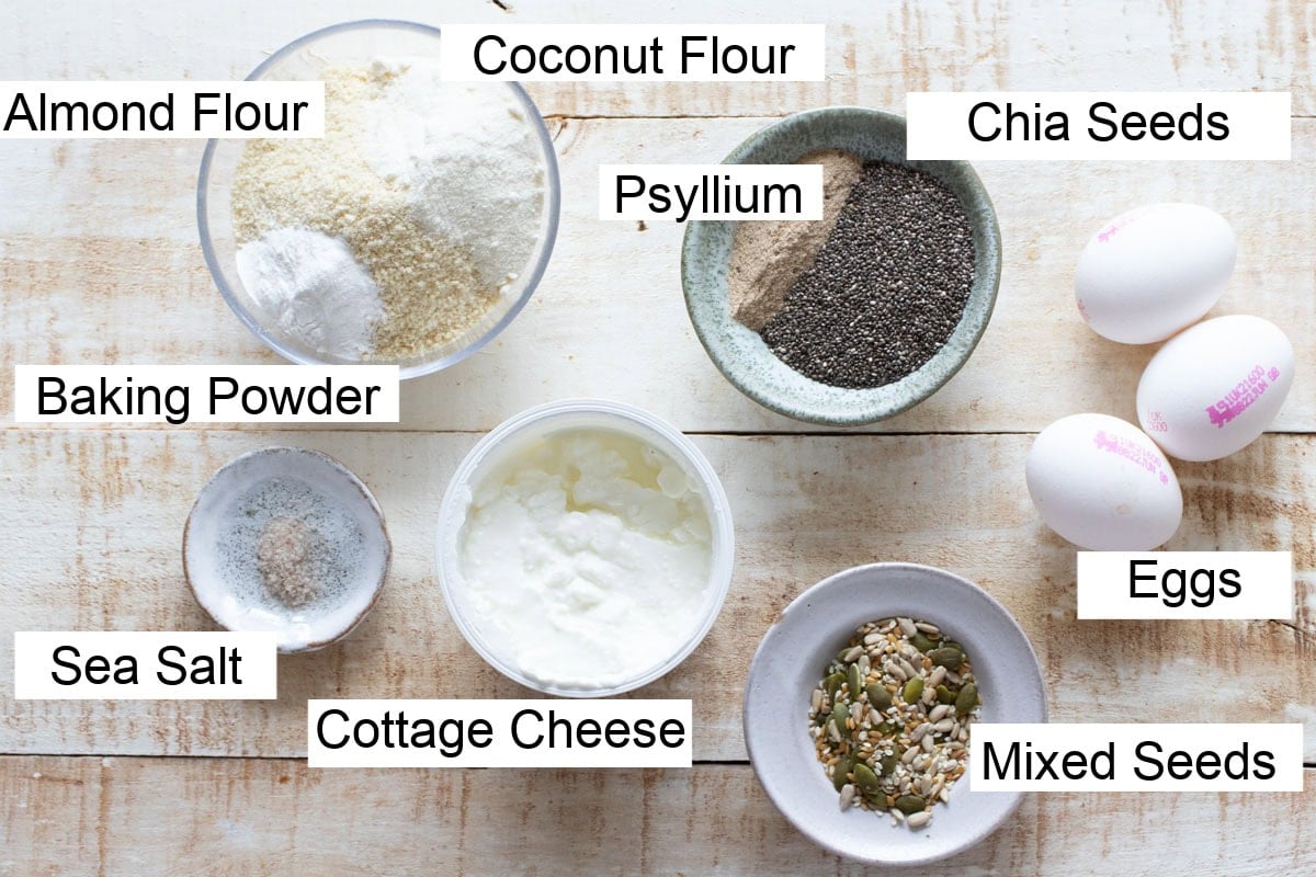 Ingredients to make cottage cheese bread, measured into bowls and labelled.