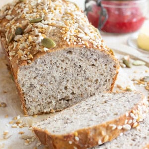 A cottage cheese bread loaf sliced.