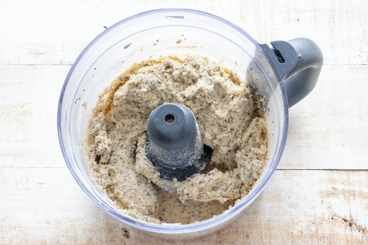 Cottage cheese bread dough in a blender bowl.