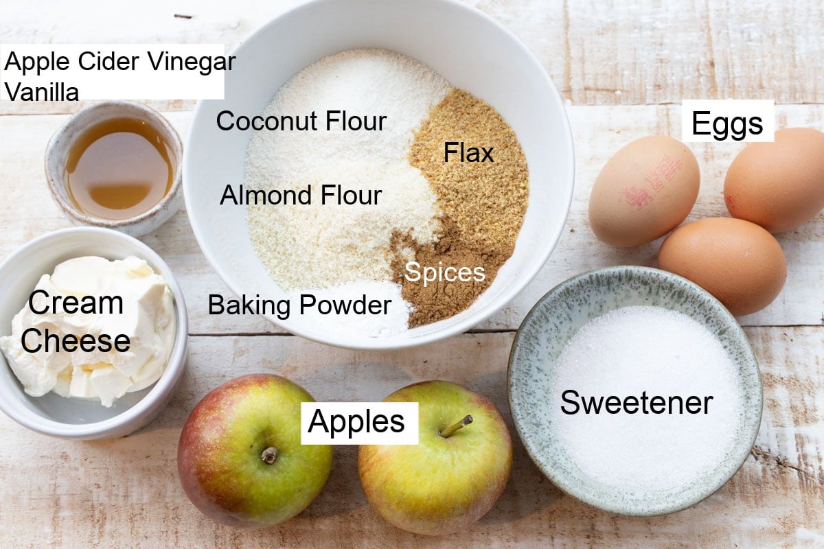 Ingredients to make apple muffins, measured into bowls and labelled.