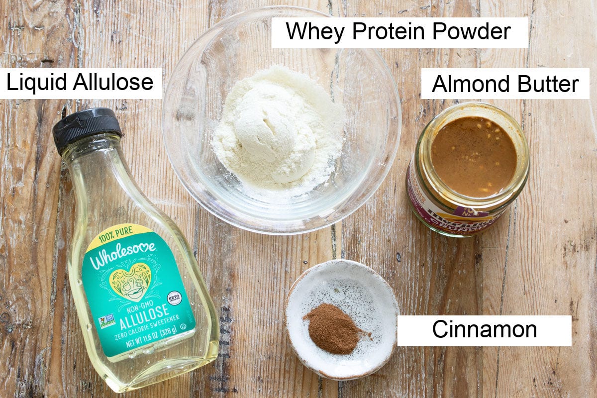 Ingredients to make keto protein balls, measured and labelled.