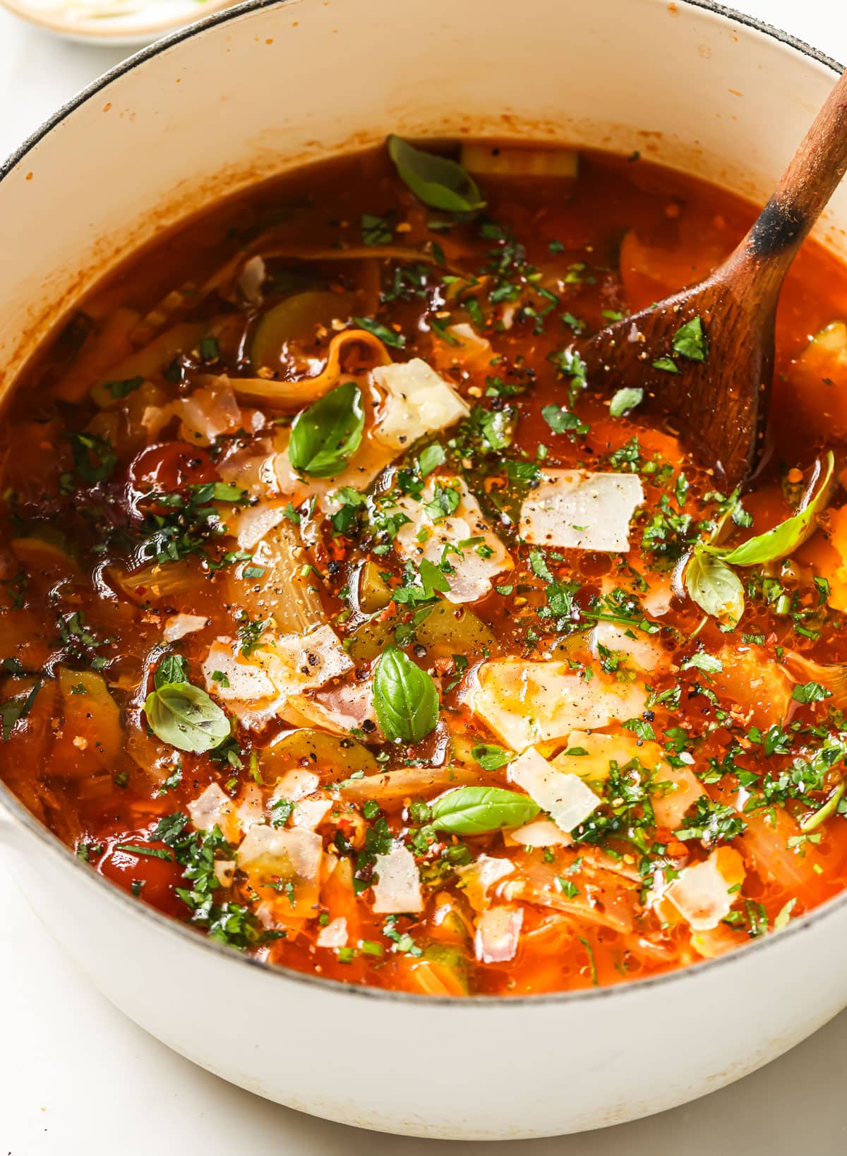 A soup pan with Italian zucchini soup.