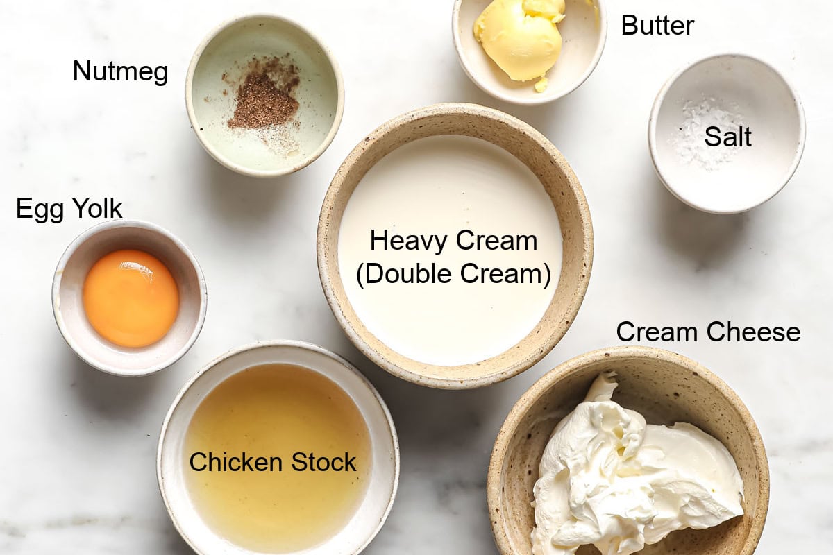 Ingredients to make keto bechamel sauce, measured into bowls and labelled.