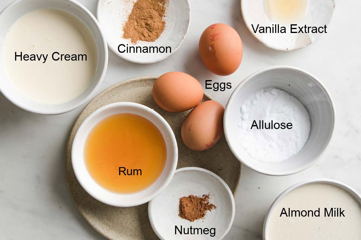 Ingredients to make sugar free eggnog, meaured into bowls and labelled.