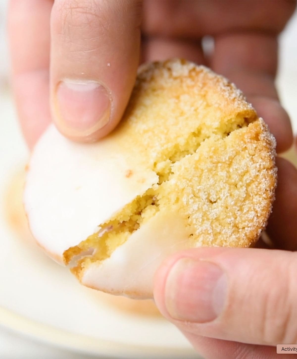 Hand breaking a sugar free sugar cookie in half. One half is dipped in sweetener granules, the other in sugar free icing.