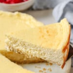A slice of cottage cheese cheesecake on a serving spatula.