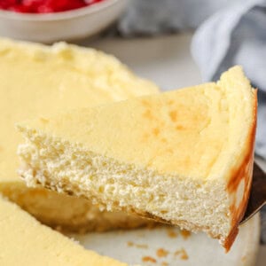 A slice of cottage cheese cheesecake on a serving spatula.
