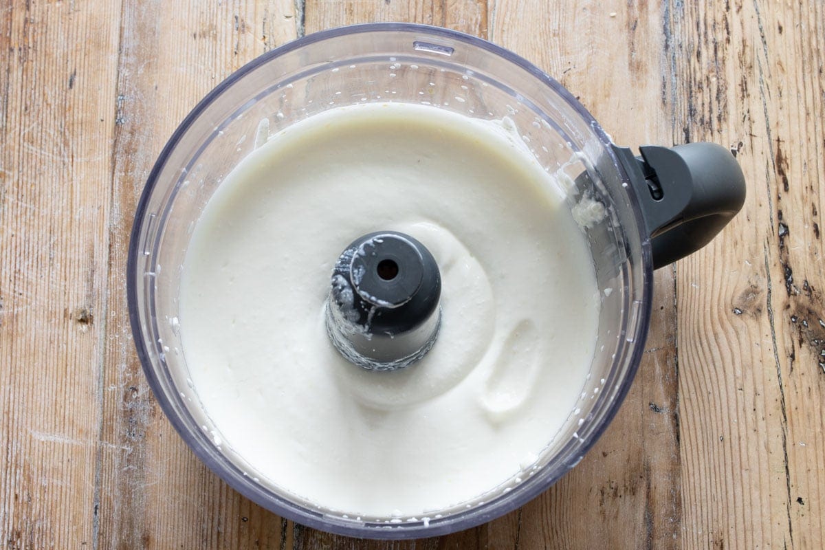 Blended cottage cheese and yogurt with sweetener.