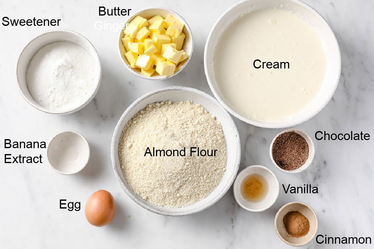 Ingredients to make keto banoffee pie, measured into bowls and labelled.