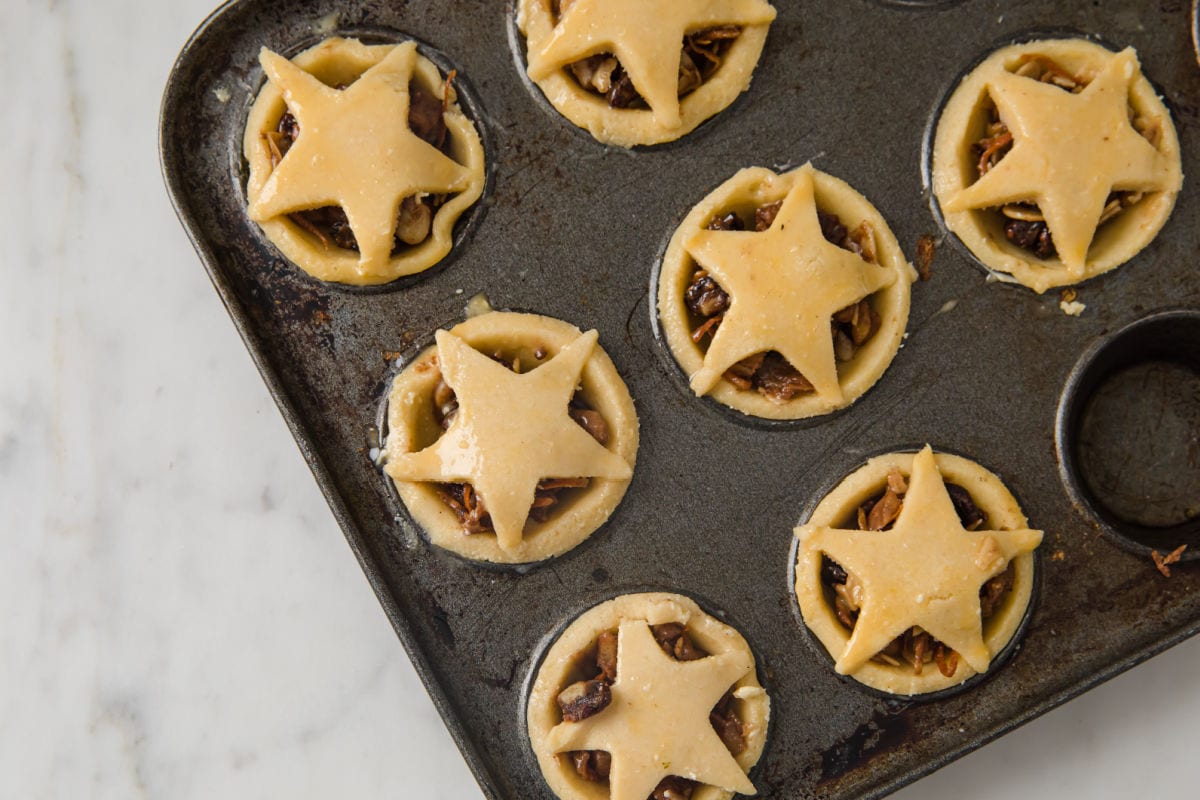 Diabetic mince pies assembled in pan before baking.