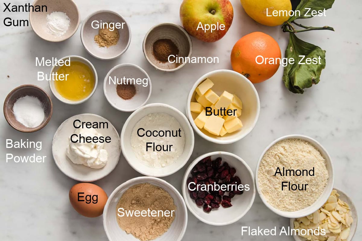 Ingredients to make keto mince pies, measured into bowls and labelled.