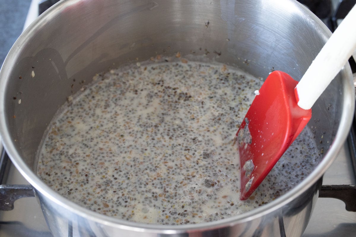 All ingredients for chia porridge in a saucepan to be heated up and a red spatula.
