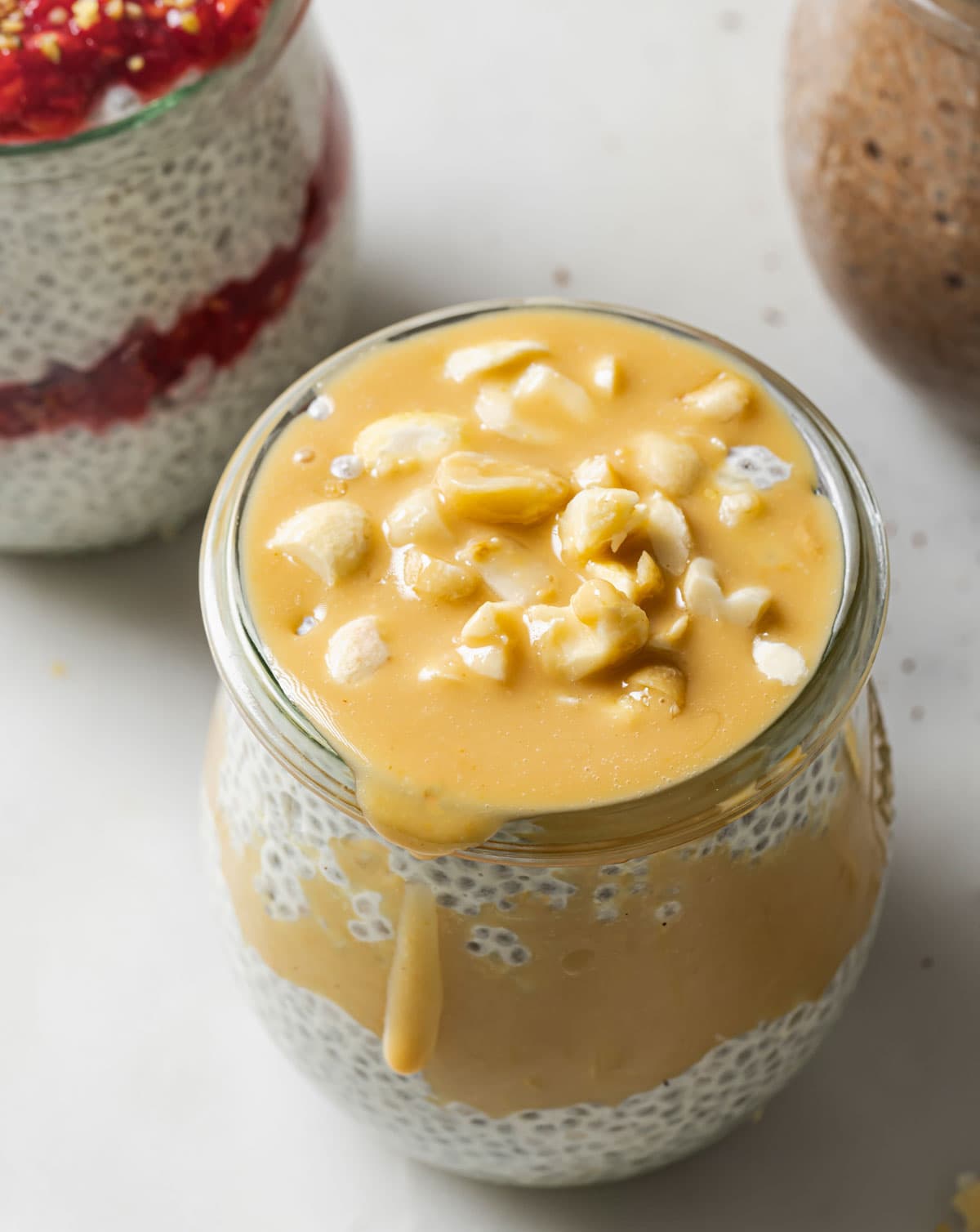 Protein chia pudding with peanut butter topping.