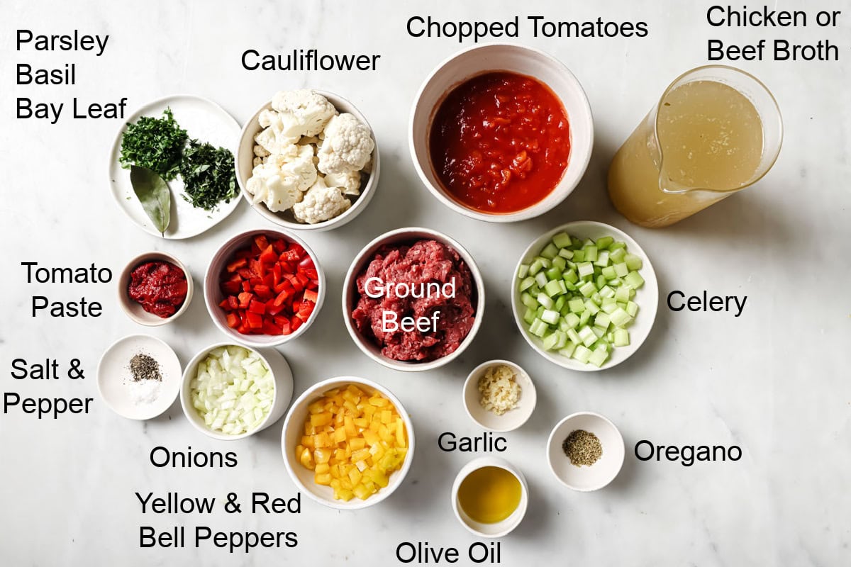 Ingredients to make stuffed pepper soup, measured into bowls and labelled
