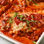 A pizza chicken fillet in a casserole dish - chicken breast topped with tomato sauce, cheese and salami.