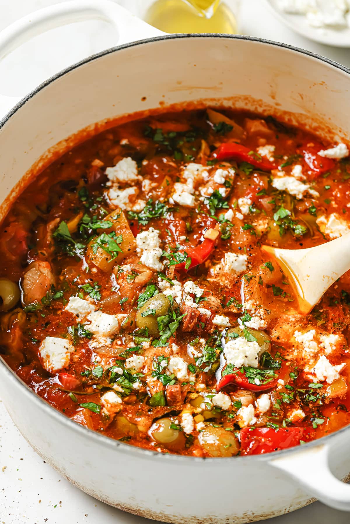 Spanish chicken stew in a large pot.