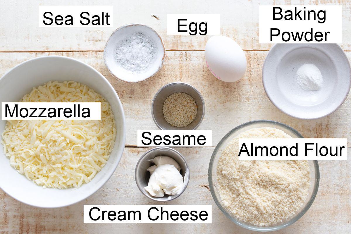 Ingredients to make keto pretzel bites, measured into bowls and labelled.