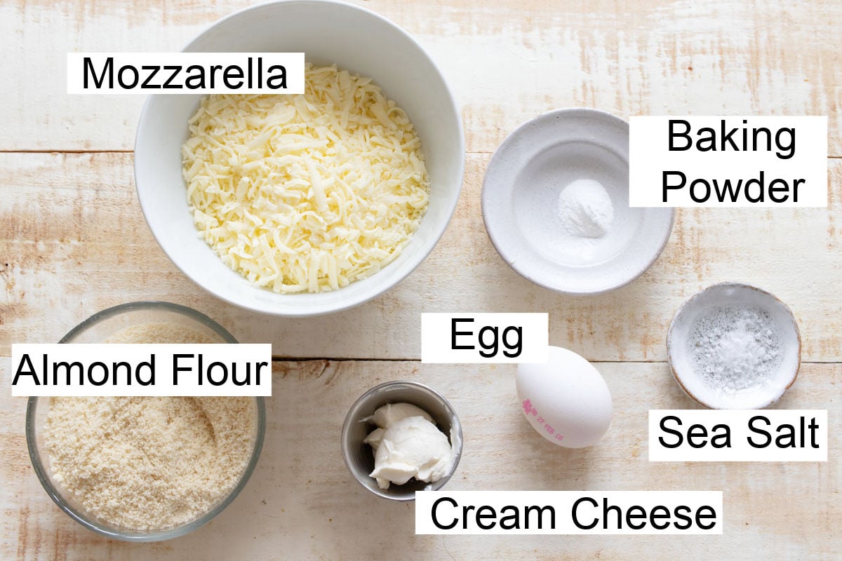 Ingredients to make keto pretzels, measured into bowls and labelled.