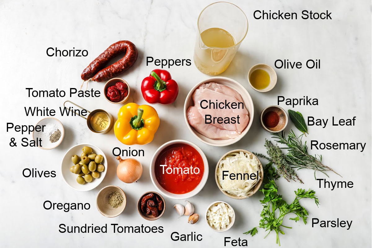 Ingedients to make spanish chicken stew, measured into bowls and labelled.