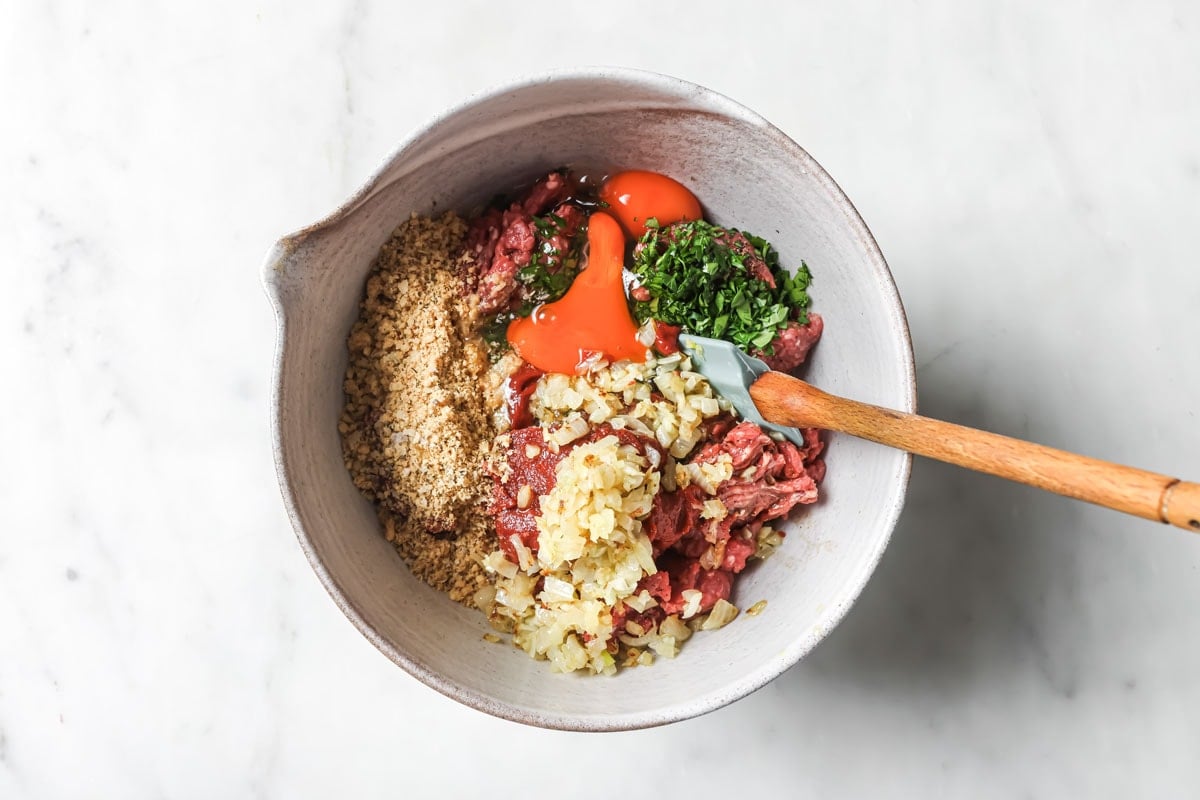All mealoaf ingredients in a large mixing bowl.