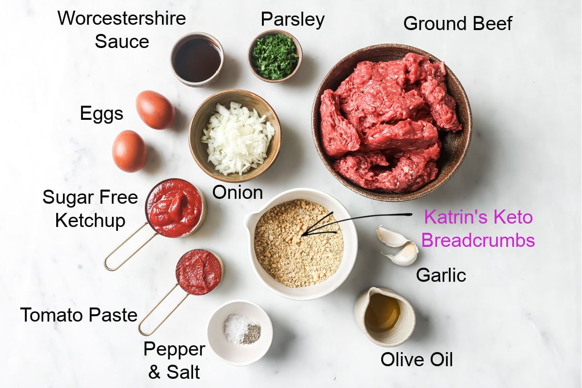 Ingredients to make keto meatloaf, measured into bowls and labelled.