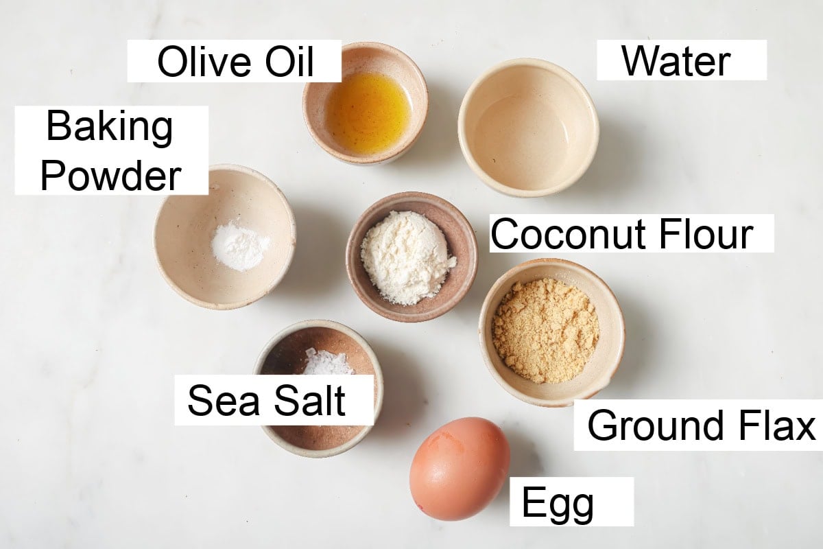 Ingedients to make a single serve keto flaxseed bread.

