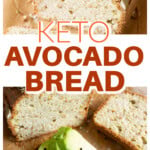 Aliced avocado bread loaf on a cutting board with sliced avocado on top, showing the soft, fluffy texture and rustic crumb.