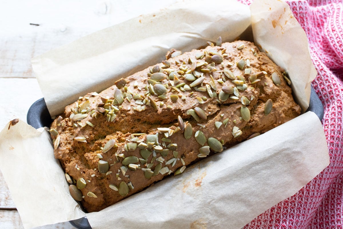 Baked avocado bread in the pan.