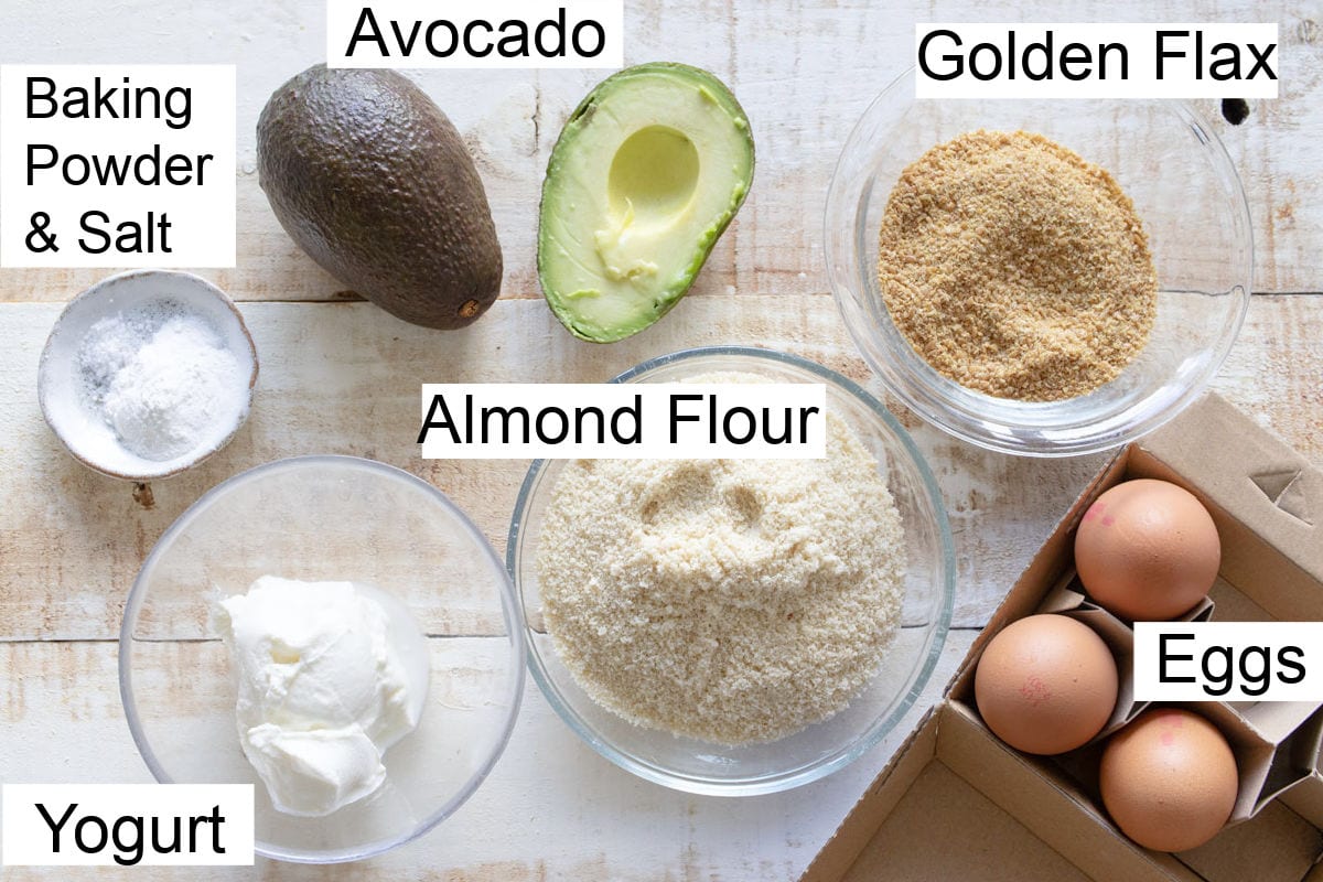 Ingrediens to make avocado bread, measured into bowls and labelled.