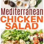 Image collage for an mediterranean chicken salad with recipe ingredients measured out into bowls and the assembled salad with seared chicken cubes, lettuce, cucumber, tomatoes and feta on a plate