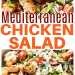 A mediterranean chicken salad with seared chicken cubes, slices avocado, feta cheese and vegetables tossed in a vinaigrette.