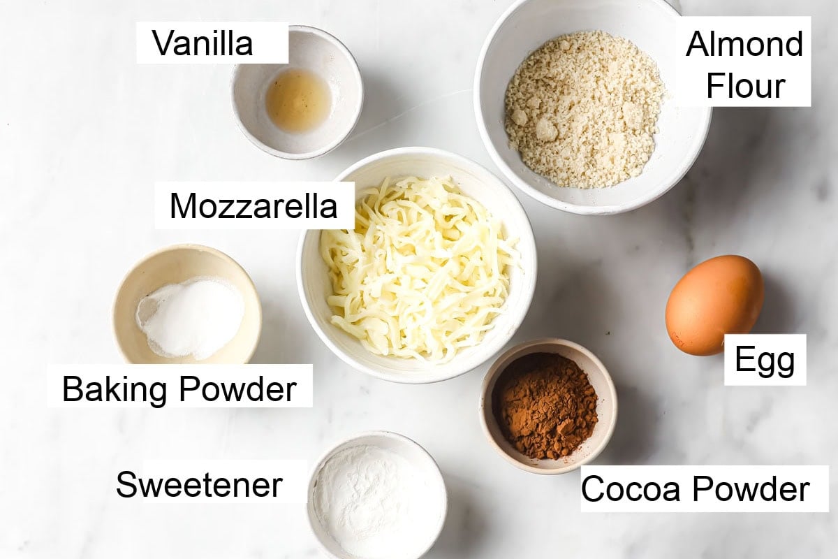 Ingredients to make chocolate chaffles, measured into bowls and labelled.